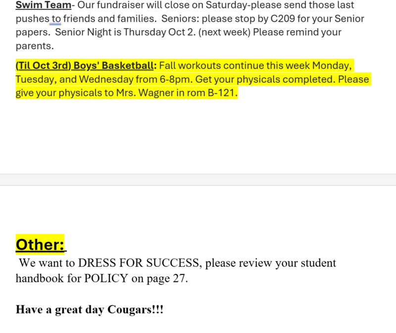 Announcements September 26