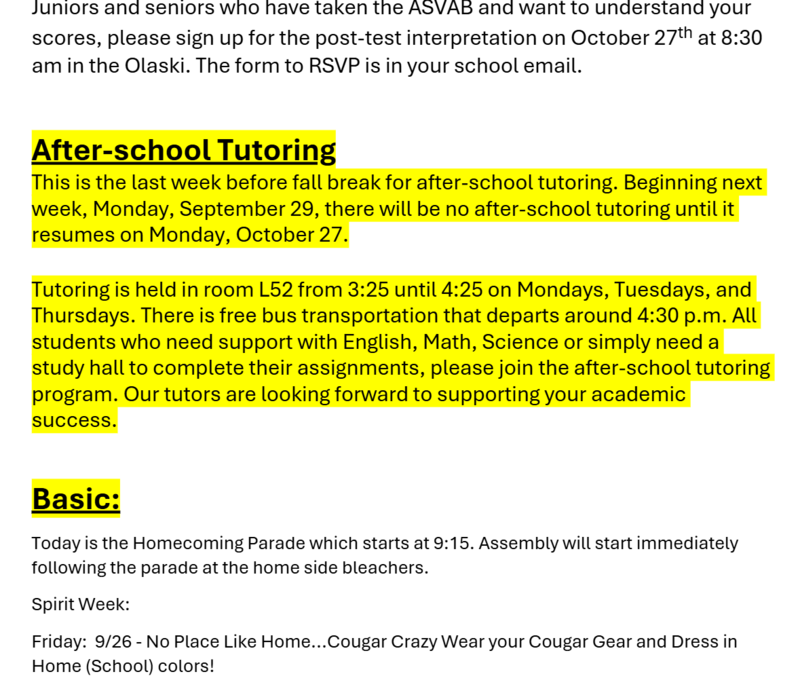 Announcements September 26