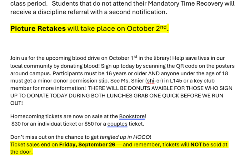 Announcements September 26