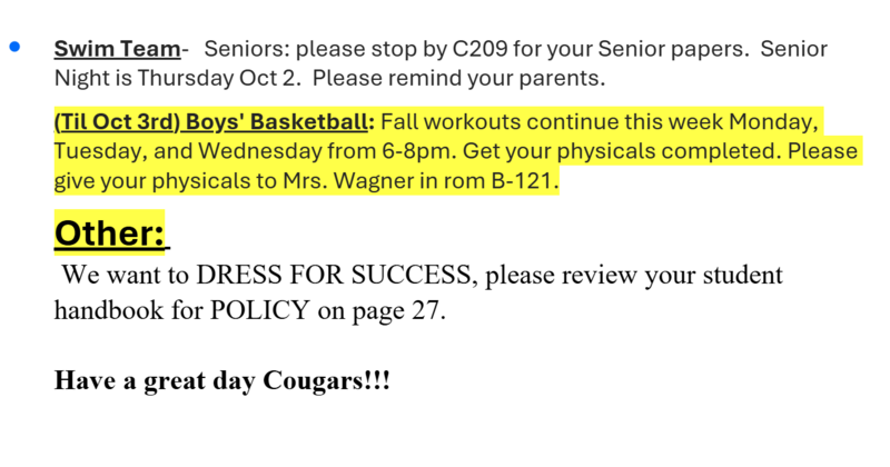 Announcements September 29