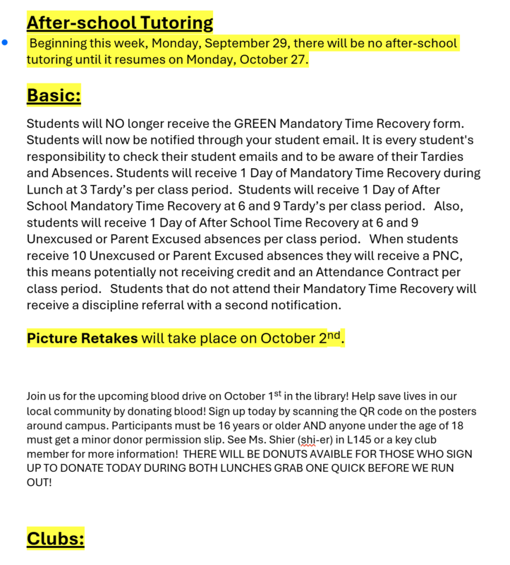 Announcements September 29