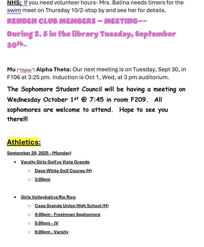 Announcements September 29
