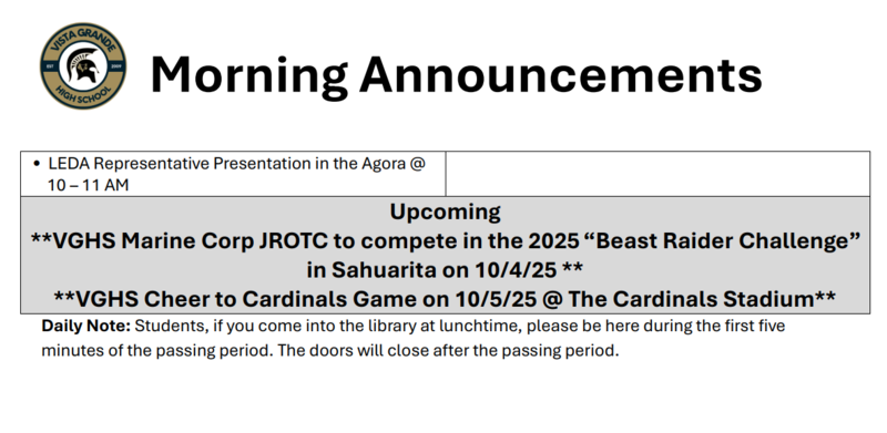 Announcements 9/29-10/3