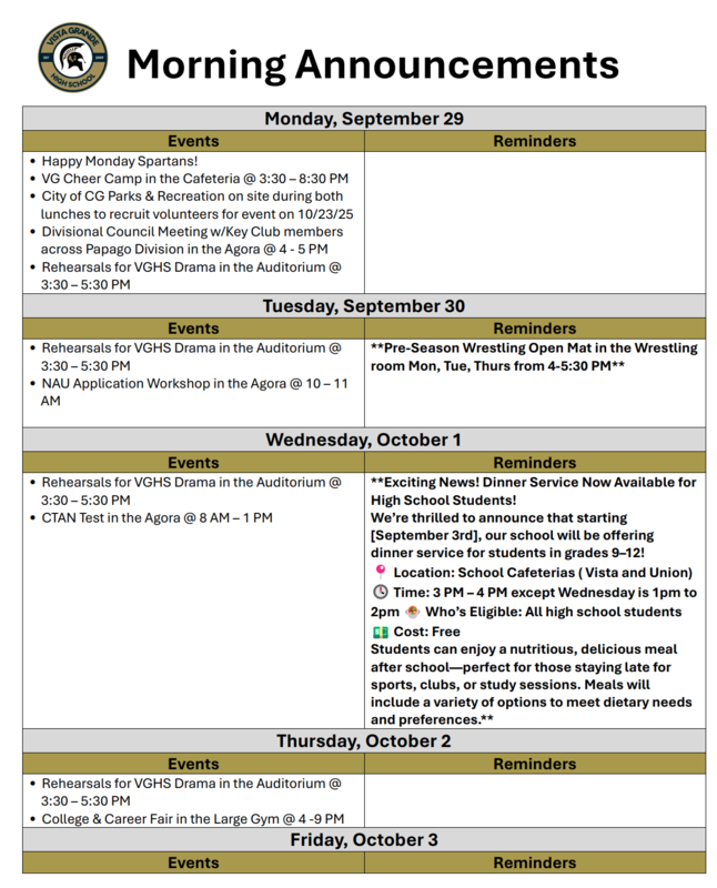 Announcements 9/29-10/3