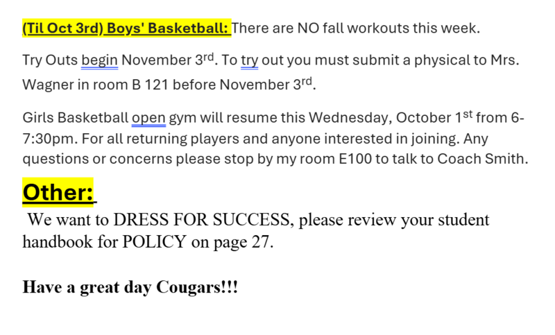 Announcements October 1