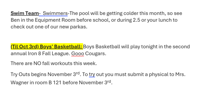 Announcements October 3
