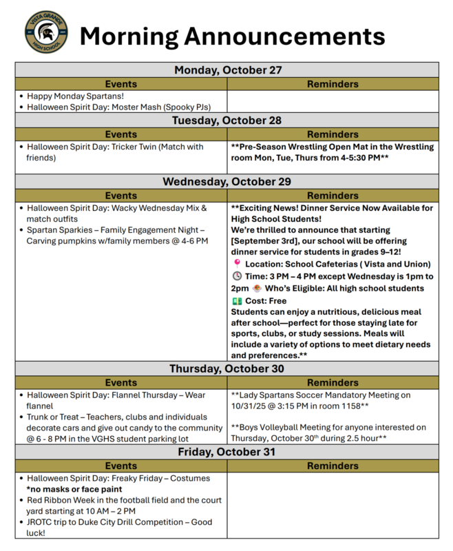 Announcements - October 27th-31st