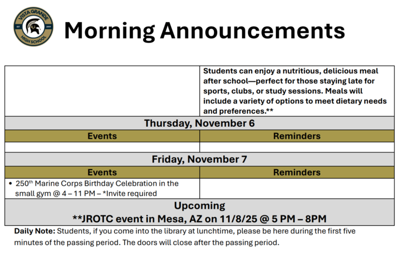 Announcements - November 3rd - 7th