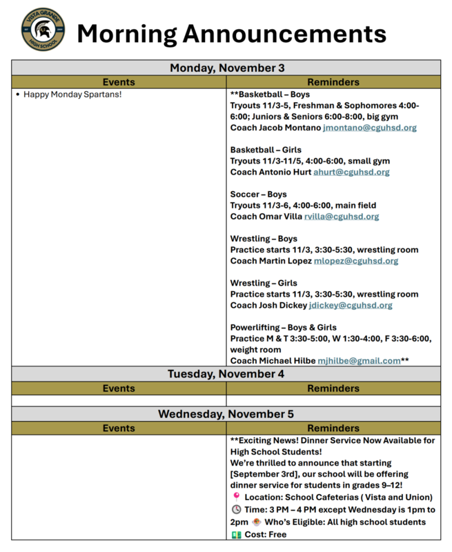 Announcements - November 3rd - 7th