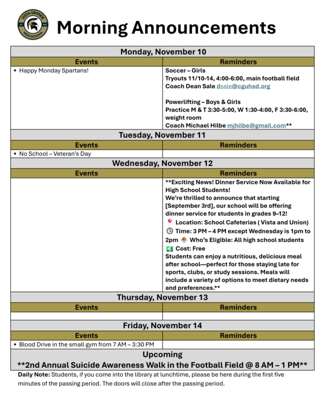 Announcements - November 10th-14th