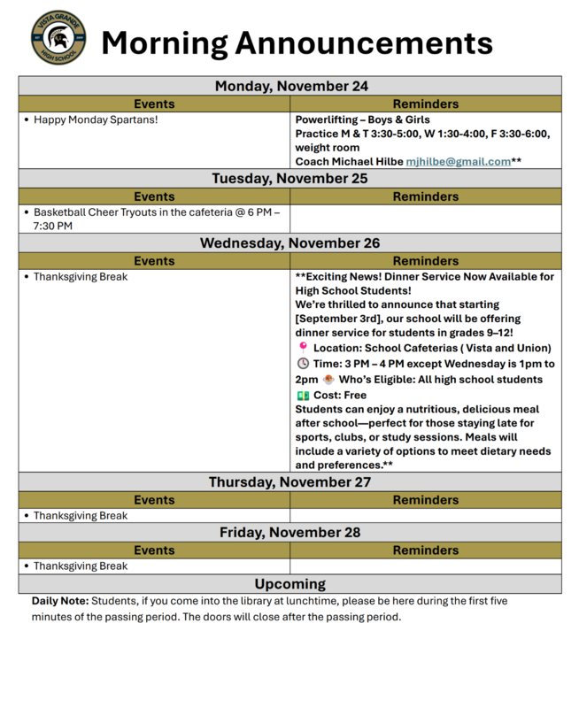 Announcements - November 24th - 28th