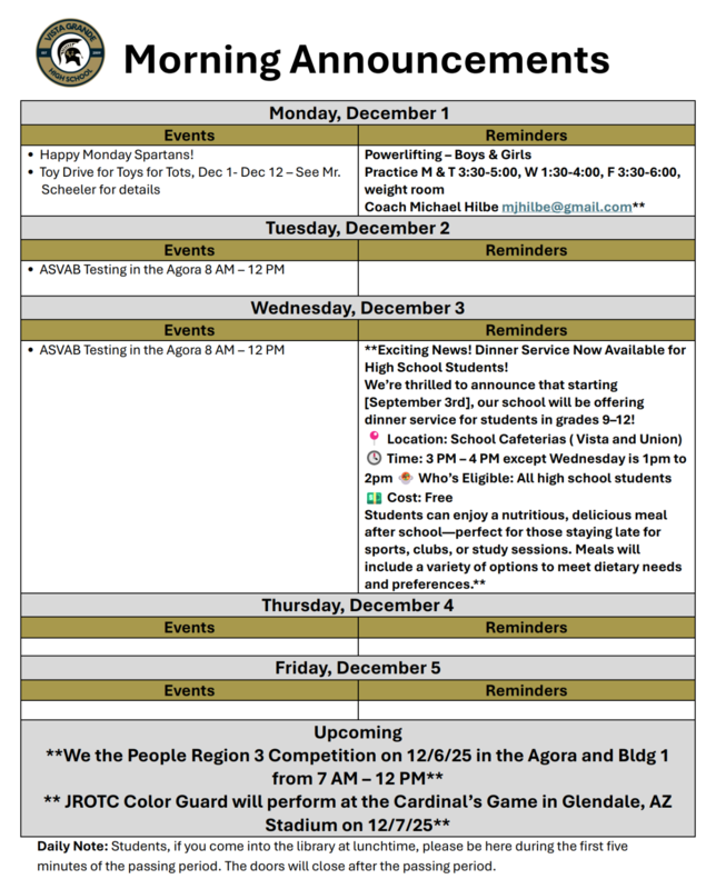 Announcements - December 1st - 5th