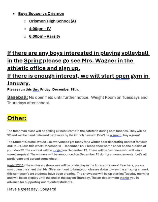 Announcements - December 9th