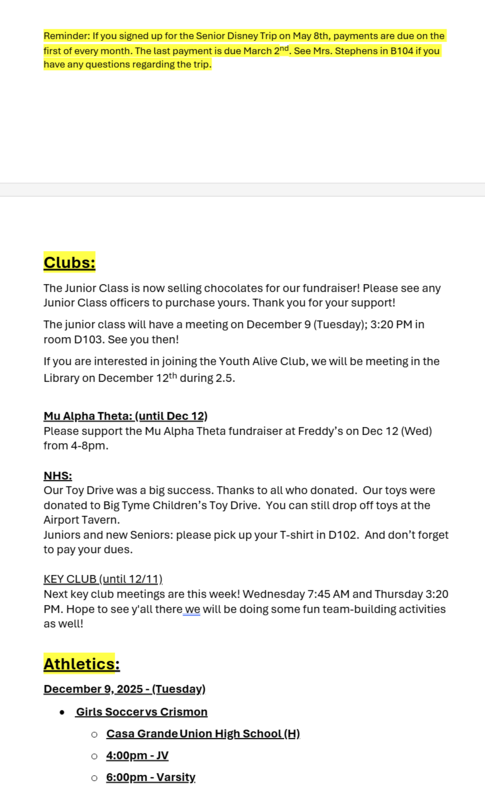 Announcements - December 9th