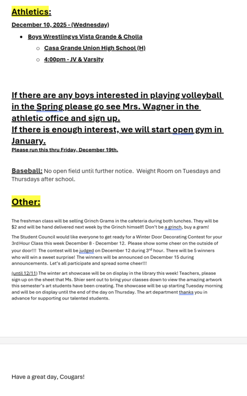 Announcements - December 10th