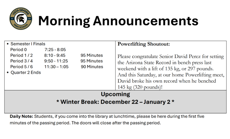 Announcements December 15th-19th