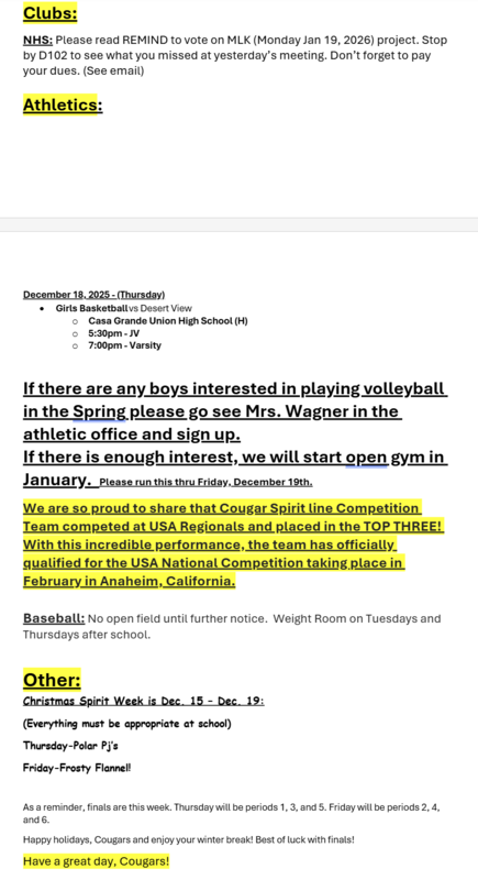 Announcements - December 18th