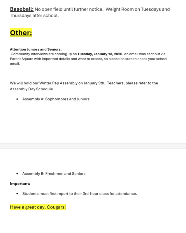 Announcements - January 9th