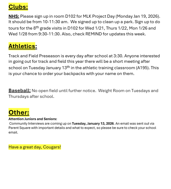 Announcements - January 12th