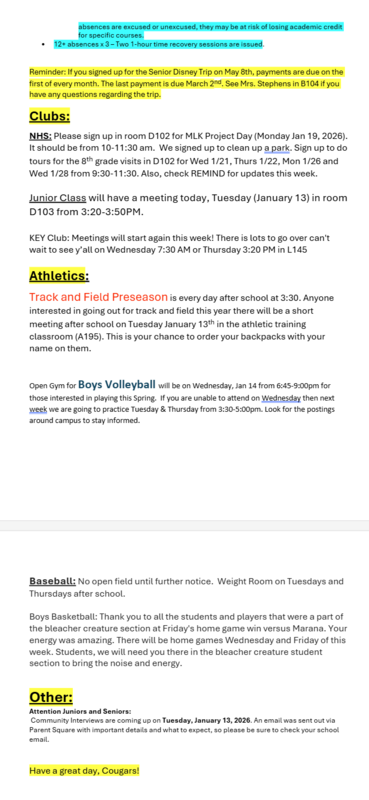 Announcements - January 13th