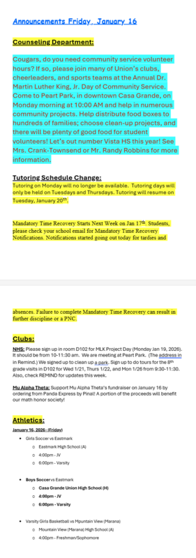 Announcements - January 16th