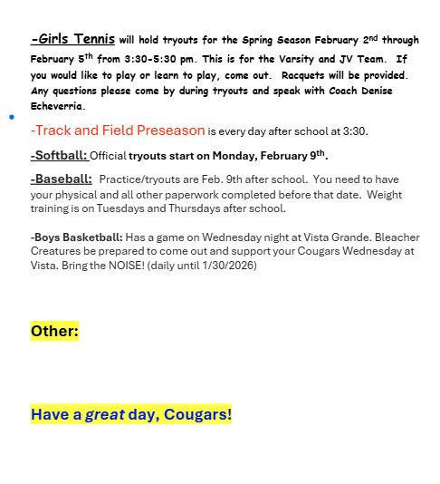 Announcements - January 27th