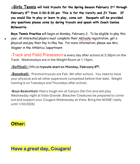 Announcements - January 28th