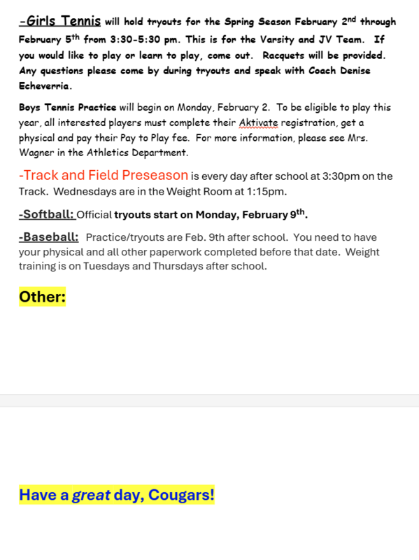 Announcements - January 29th