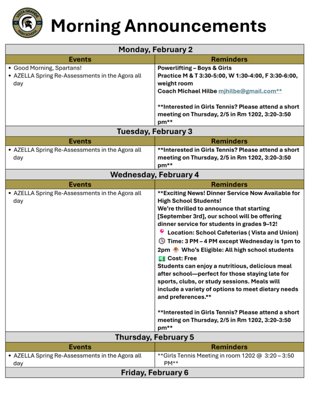 Announcements - February 2nd - 6th