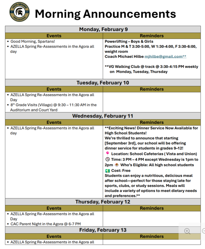 Announcements - February 9th - 13th