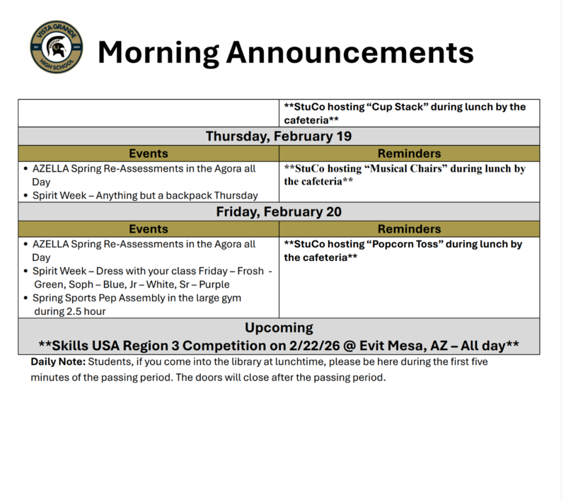 Announcements - February 17th - 20th