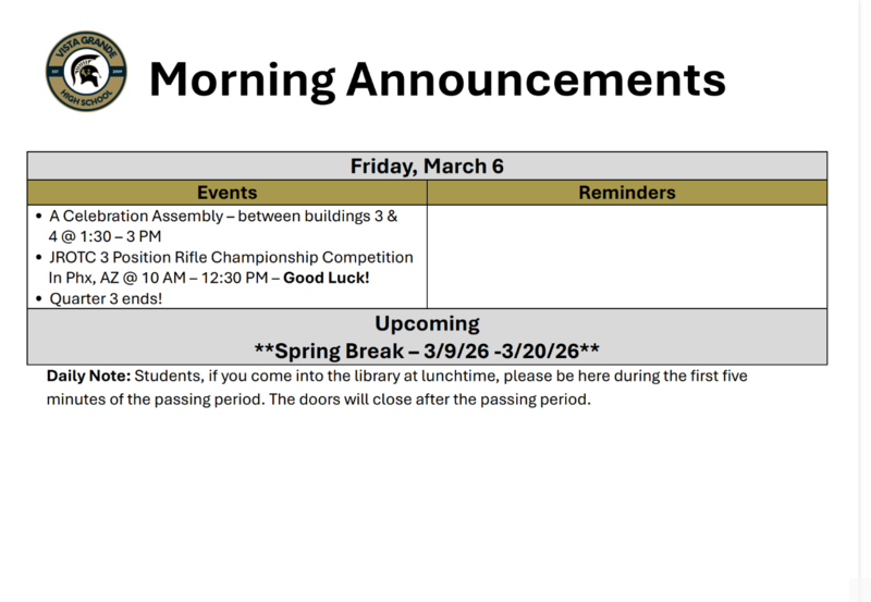 Announcements - March 2nd-6th