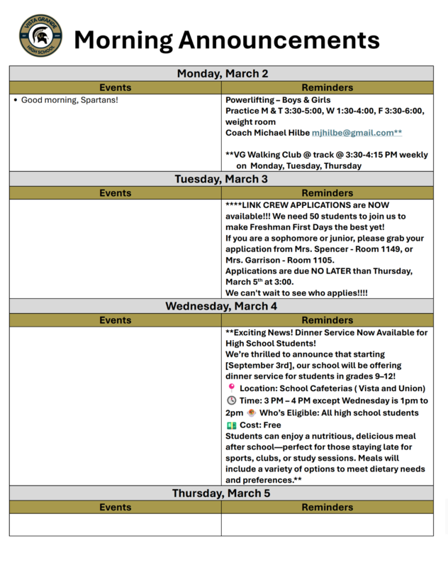 Announcements - March 2nd-6th