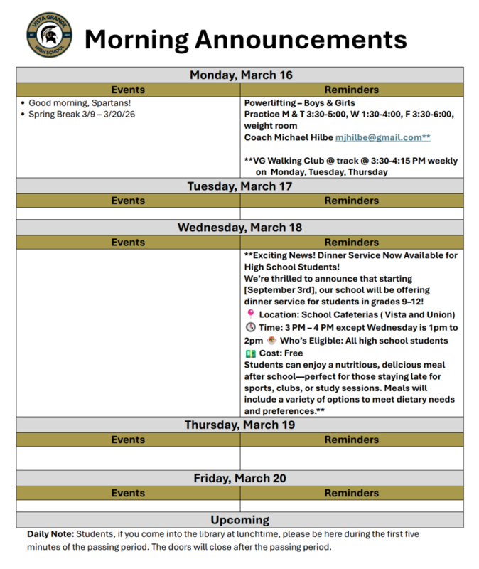 Announcements - March 16th - 20th