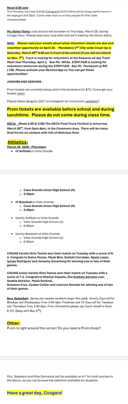 Announcements - March 26th