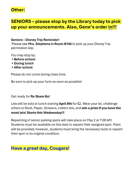 Announcements - April 8th