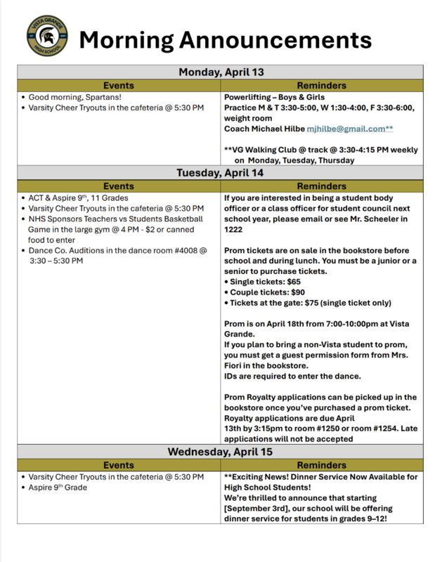 Announcements - April 13th-17th