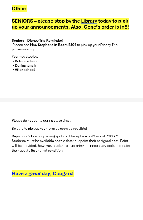 Announcements - April 17th