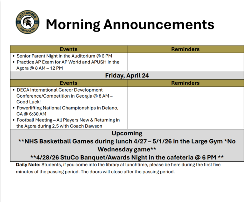 Announcements - April 20th