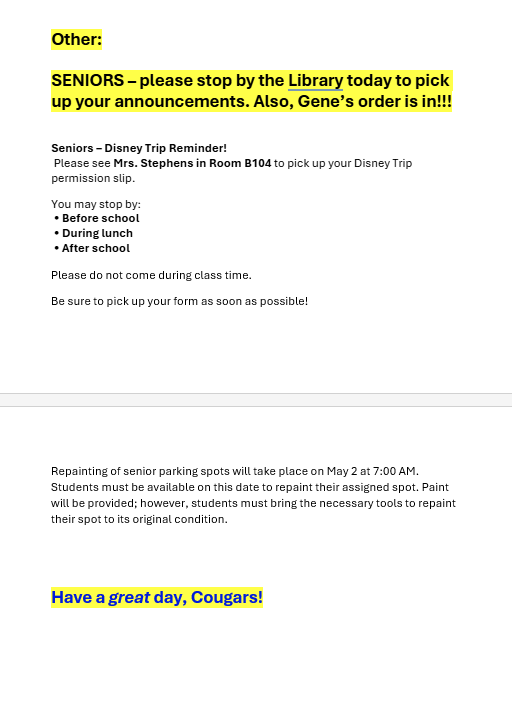 Announcements - April 20th