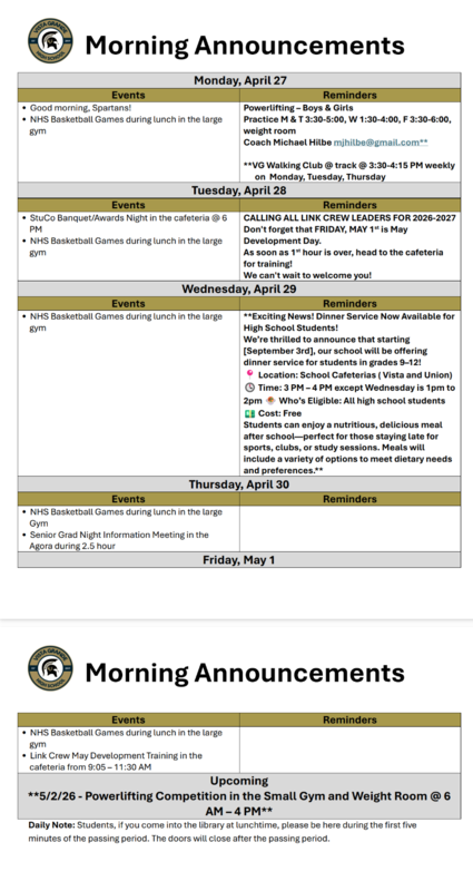 Announcements - April 27th - May 1st