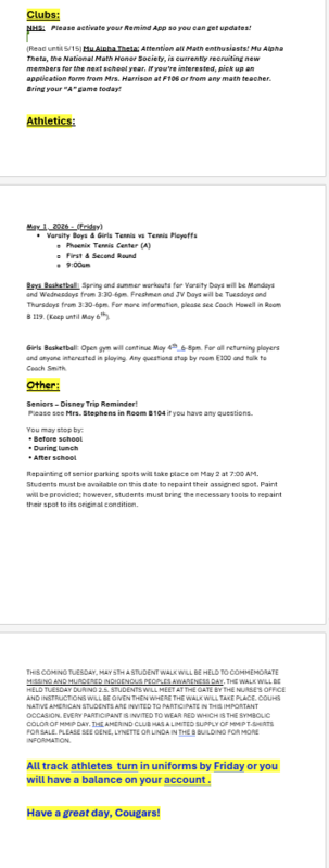 Announcements - May 1st