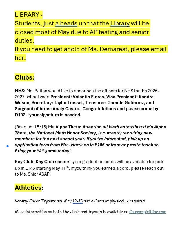 Announcements - May 12th