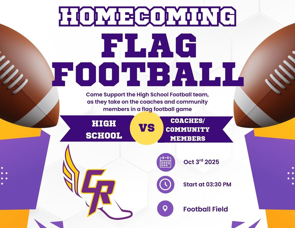 Keep the homecoming spirit alive and come to the Ramblers flag football game!  Community members wanted for participation.  See you Friday @ 3:30pm