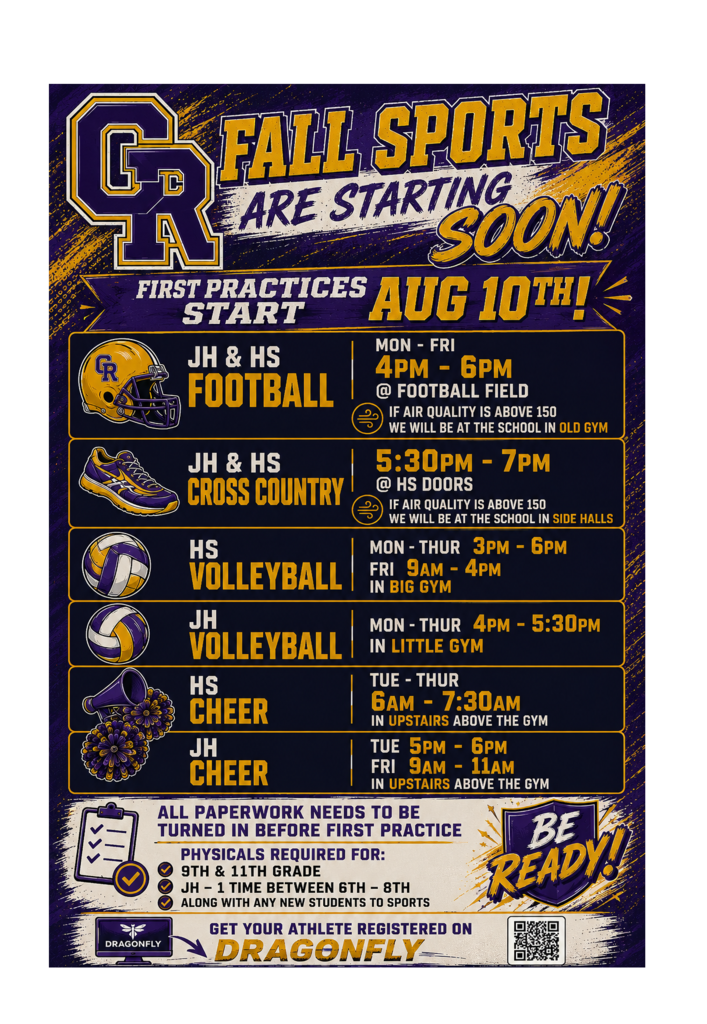 Fall Sports starting soon make sure you are ready before the 1st practice.