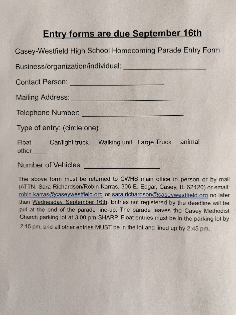 Entry Forms for the Homecoming Parade