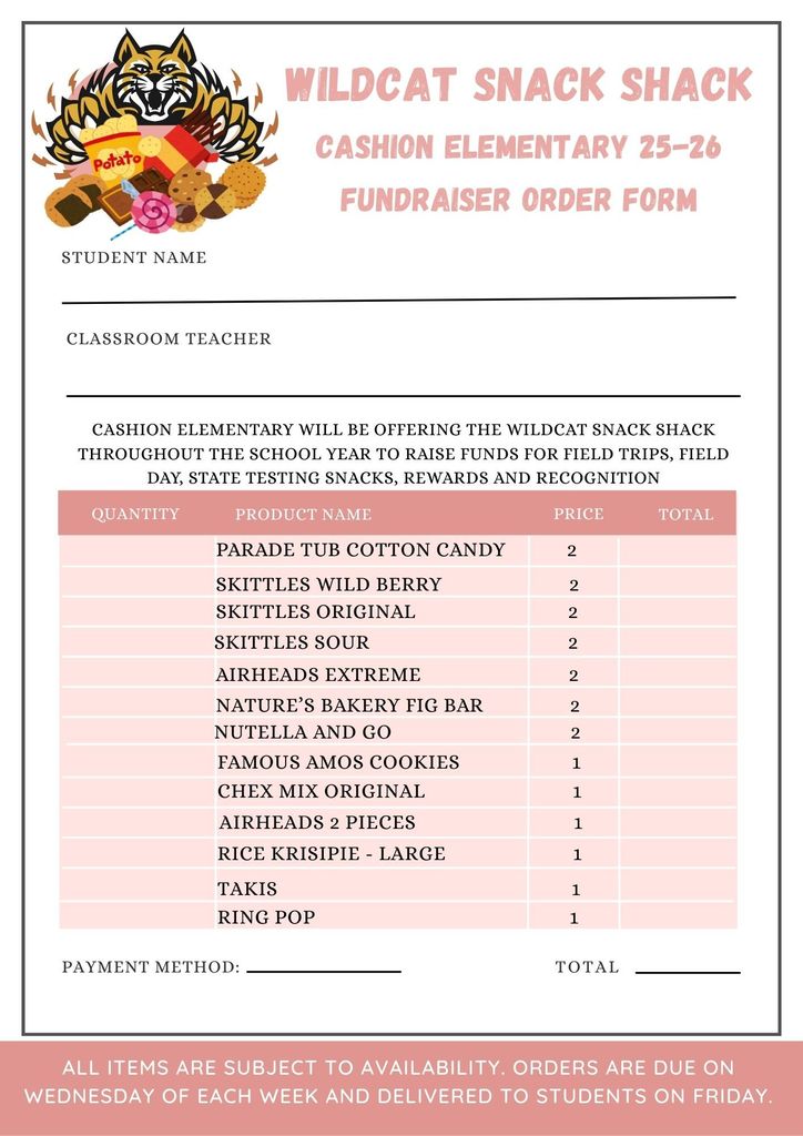 Wildcat Snack Shack Order Form