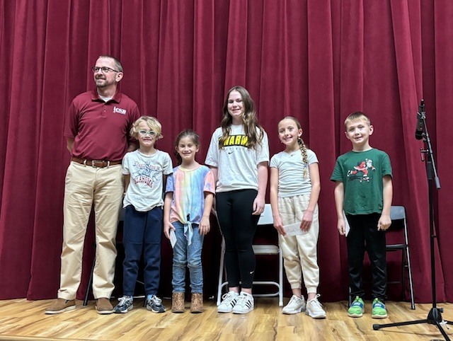 Spelling Bee participants (LtoR) Chad Tichenor, Community State Bank; Jabin Arter, 3rd Grade; Marlie Ferguson, 2nd Grade; Bri Hudson, 5th Grade; Lakyn Johnson, 4th Grade; Reagan Sears, 1st Grade