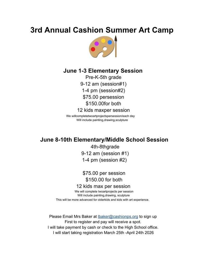 3rd Annual Cashion  Summer Art Camp