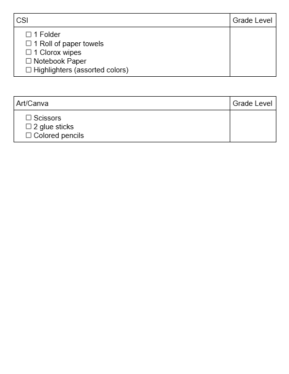CMS School Supplies Lists